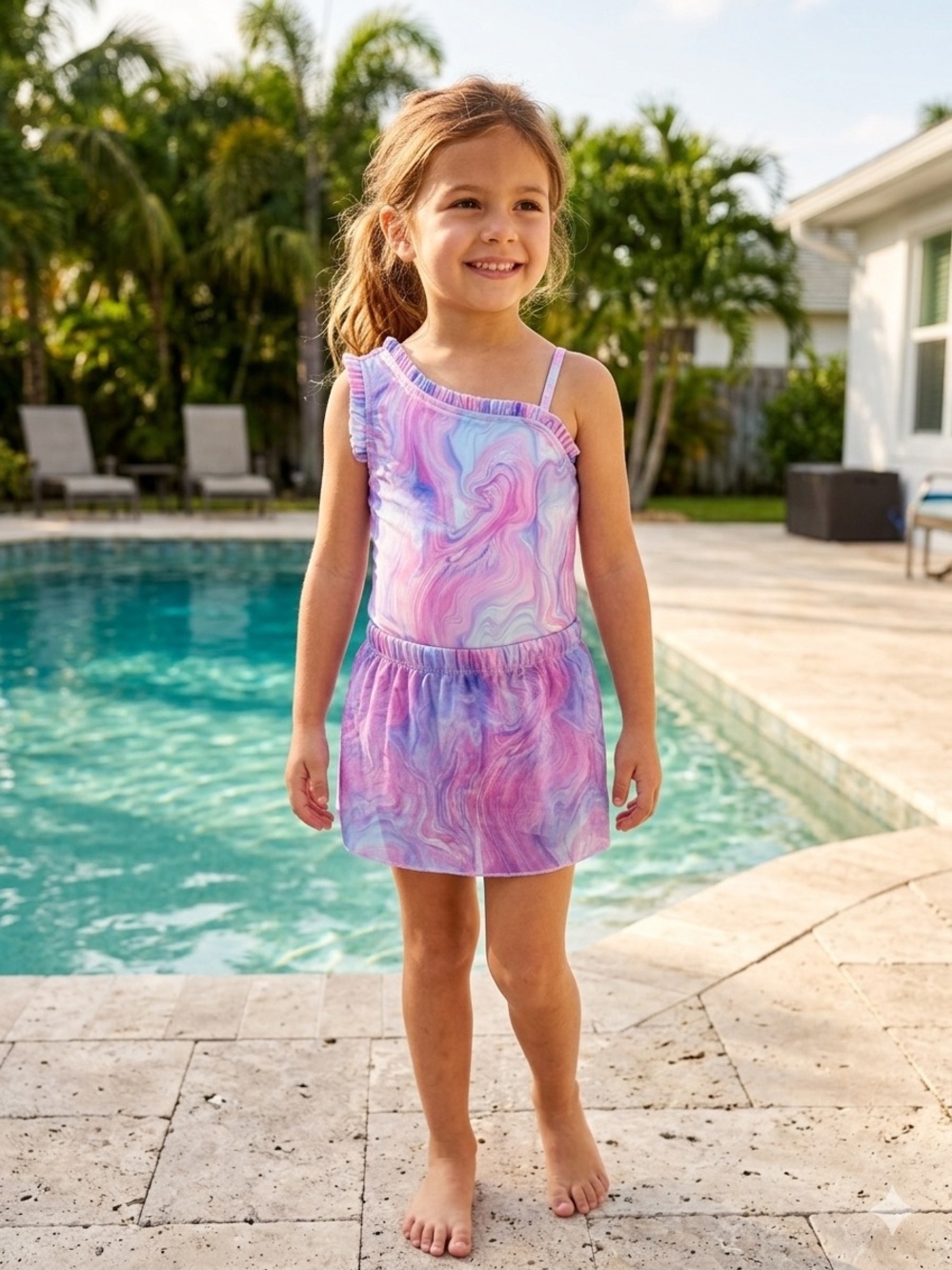 Penelope Mack Pastel Swirl Girls One-Piece Swimsuit - Pink, Lavender, Light Blue